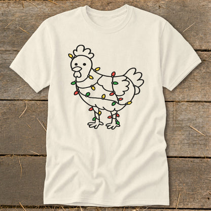 Cream t-shirt with a black outline drawing of a chicken wrapped in colorful Christmas lights.