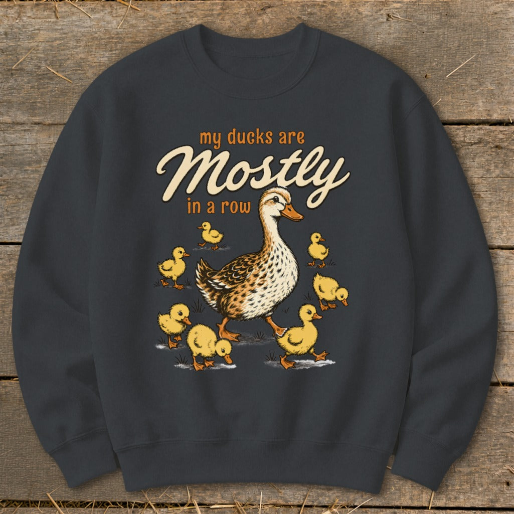 Dark sweatshirt with "my ducks are Mostly in a row" text and duck family graphic.