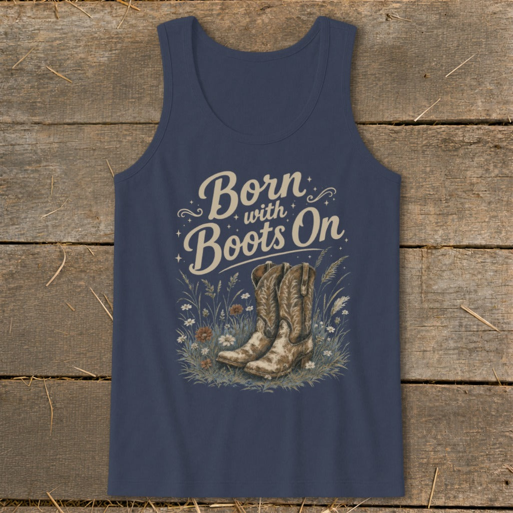 Navy tank top with "Born with Boots On" text and cowboy boot graphic.
