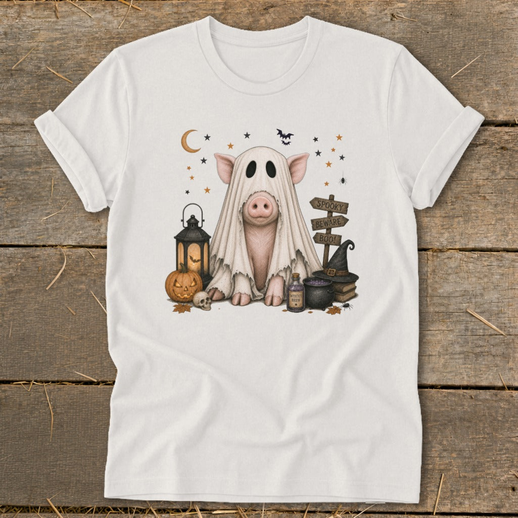 Pig in a ghost costume with Halloween decorations and spooky signs.