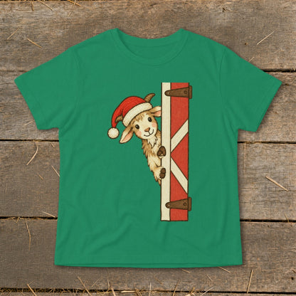 Green t-shirt with a Christmas llama peeking from a red barn door.