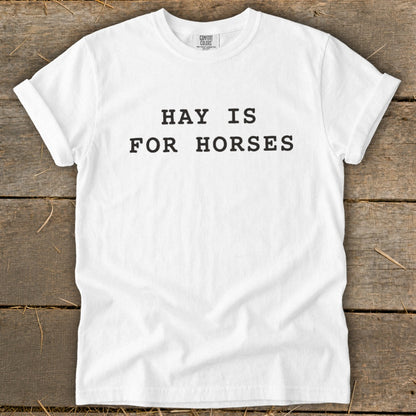 White t-shirt with black text "HAY IS FOR HORSES".