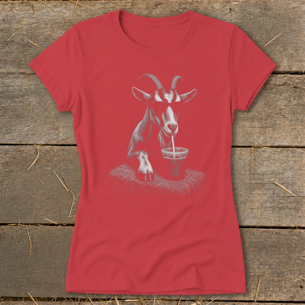 Red t-shirt with a sketch of a goat wearing sunglasses and drinking from a cup.