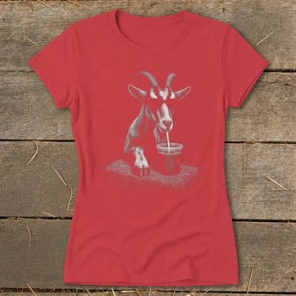 Red t-shirt with a sketch of a goat wearing sunglasses and drinking from a cup.