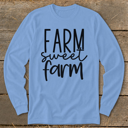 Light blue long-sleeve shirt with black "FARM sweet farm" text.