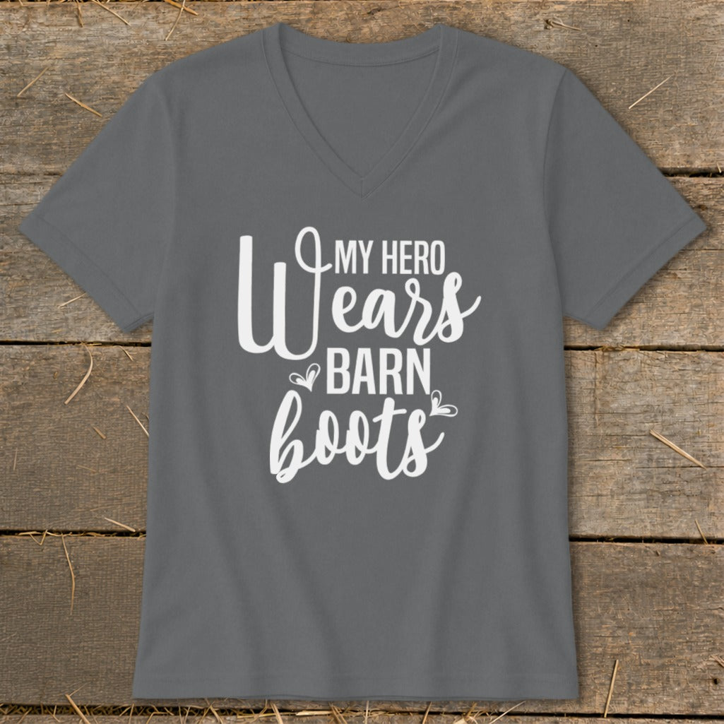 Grey v-neck t-shirt with white text "My Hero Wears Barn Boots".