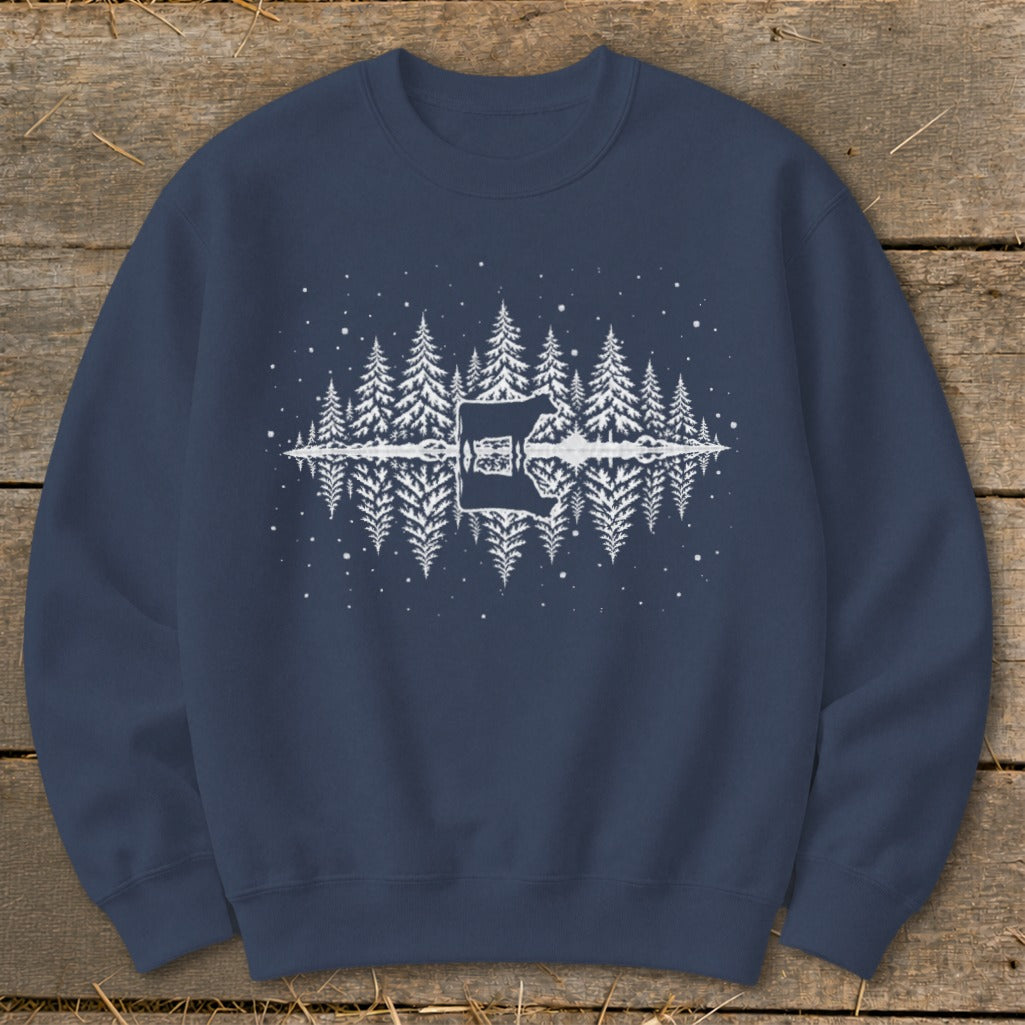 Dark blue sweatshirt with white graphic of cow and pine trees reflected in water.