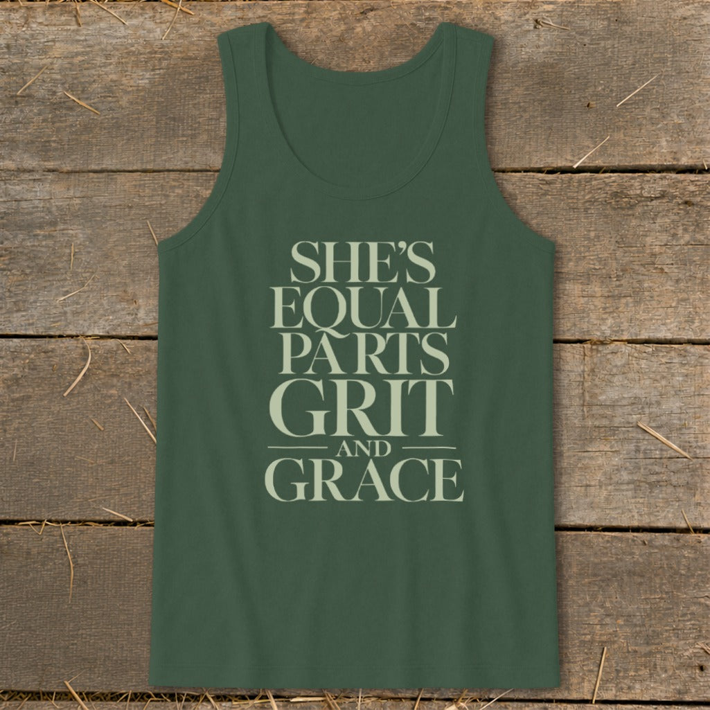 Dark green tank top with "She's Equal Parts Grit and Grace" text.