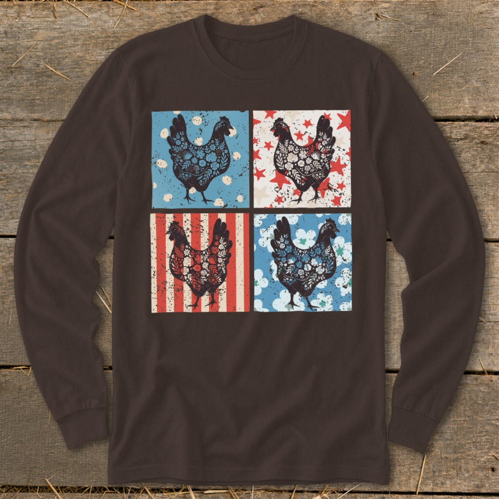 Four decorative chickens on a dark brown long-sleeve shirt.
