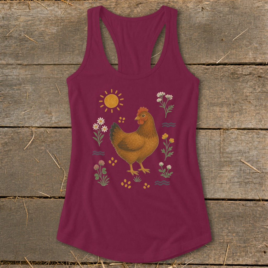 Maroon tank top with a brown hen surrounded by flowers, sun, and water ripples.
