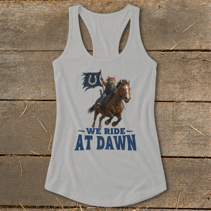 Cat on horse holding Indianapolis Colts flag with text "We Ride at Dawn".