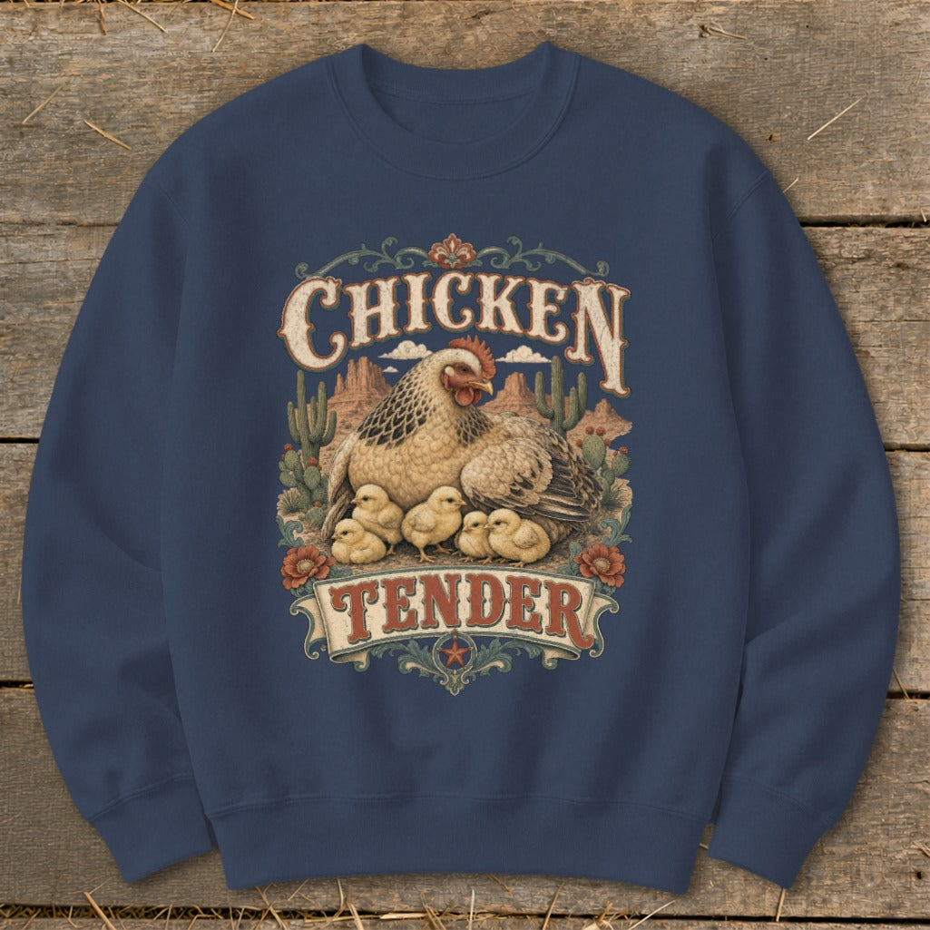 Navy sweatshirt with "Chicken Tender" graphic featuring hen and chicks in a desert landscape.