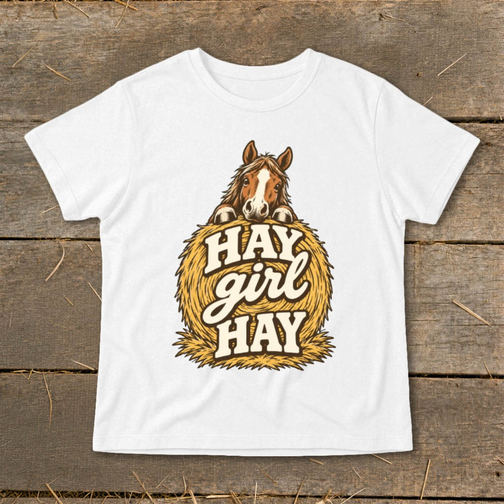 White t-shirt with horse graphic and "Hay girl Hay" text.