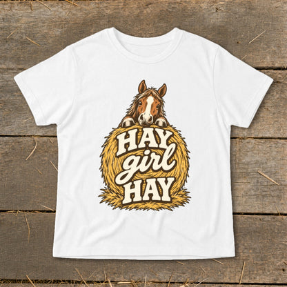 White t-shirt with horse graphic and "Hay girl Hay" text.