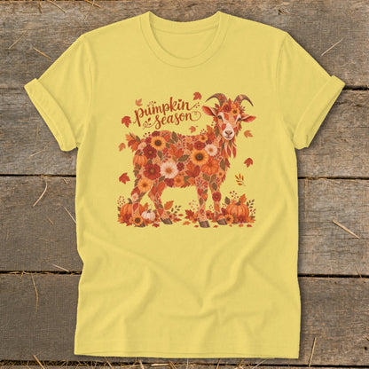 Yellow t-shirt with a goat made of autumn flowers, leaves, and pumpkins.