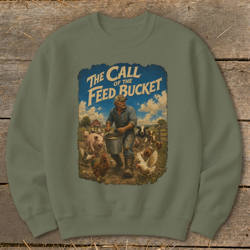 Farmer feeding animals with bucket, text "The Call of the Feed Bucket"