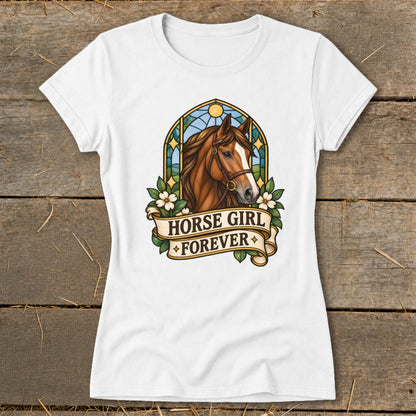 White t-shirt with a stained-glass-style horse head graphic and the words "HORSE GIRL FOREVER".