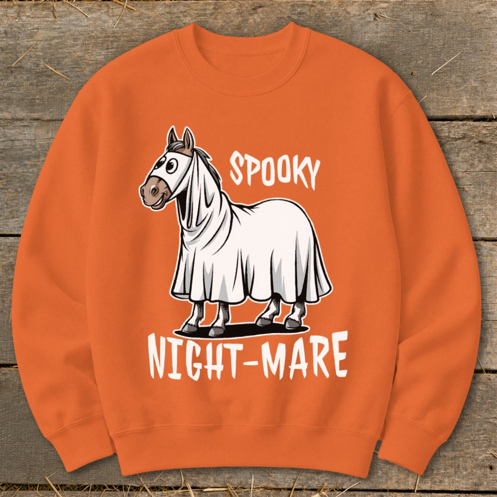 Horse in ghost costume with text "SPOOKY NIGHT-MARE" on orange sweatshirt.