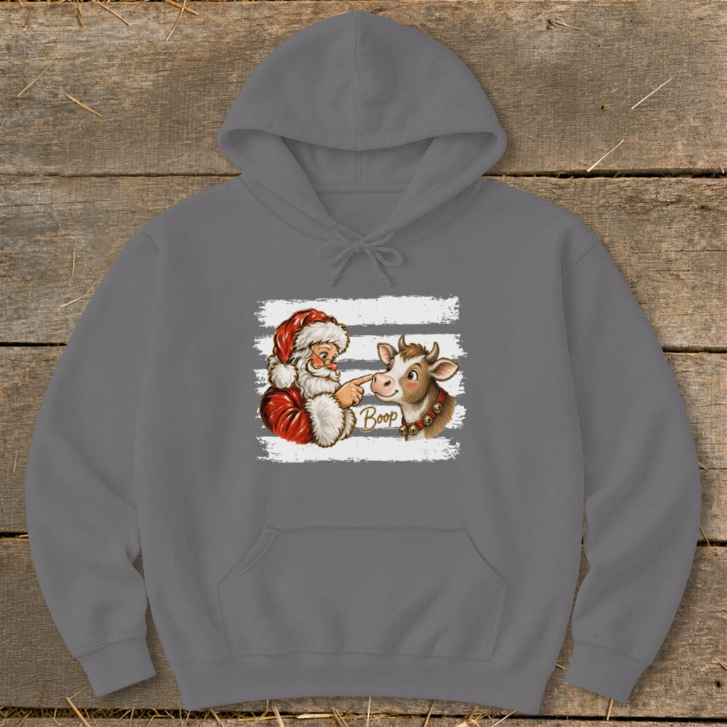 Santa booping a cow with the word "Boop" on a gray hoodie.