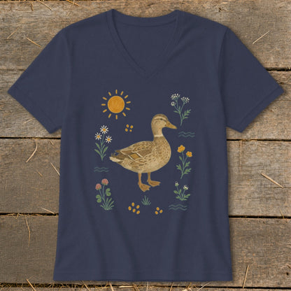 Navy v-neck t-shirt with a duck and wildflowers graphic.