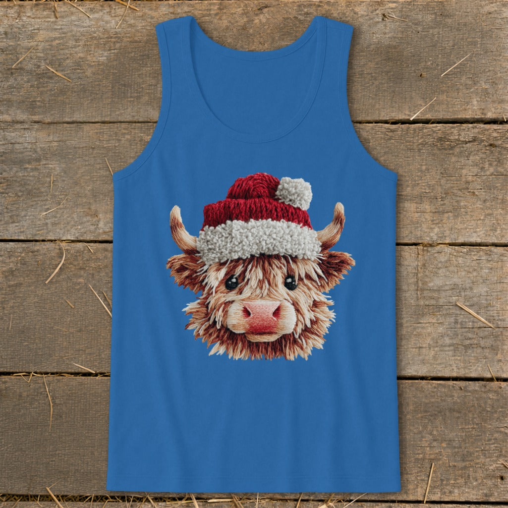 Blue tank top with a Highland cow wearing a Santa hat graphic.