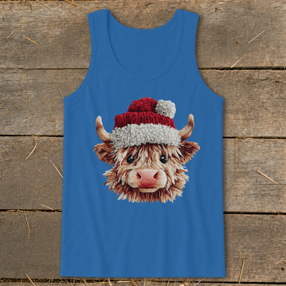 Blue tank top with a Highland cow wearing a Santa hat graphic.