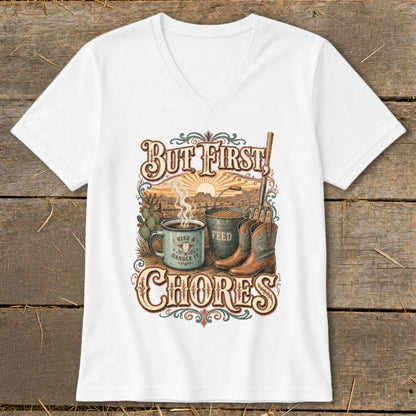 Graphic on white t-shirt: "But First, CHORES" with coffee, feed bucket, boots, and sunrise.