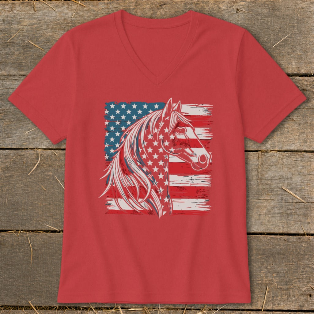 Red v-neck t-shirt with a distressed American flag and horse head graphic.