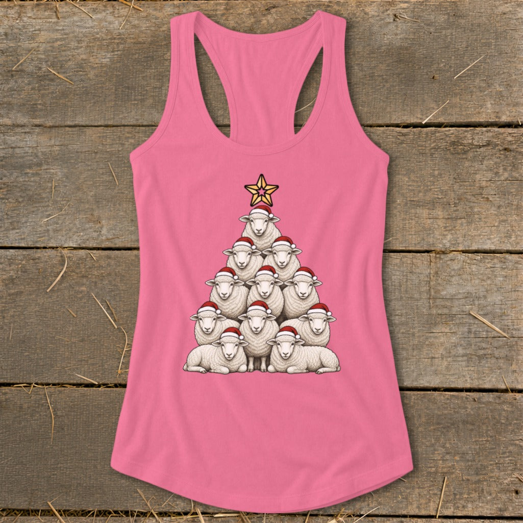 Pink tank top with a Christmas tree made of sheep wearing Santa hats.