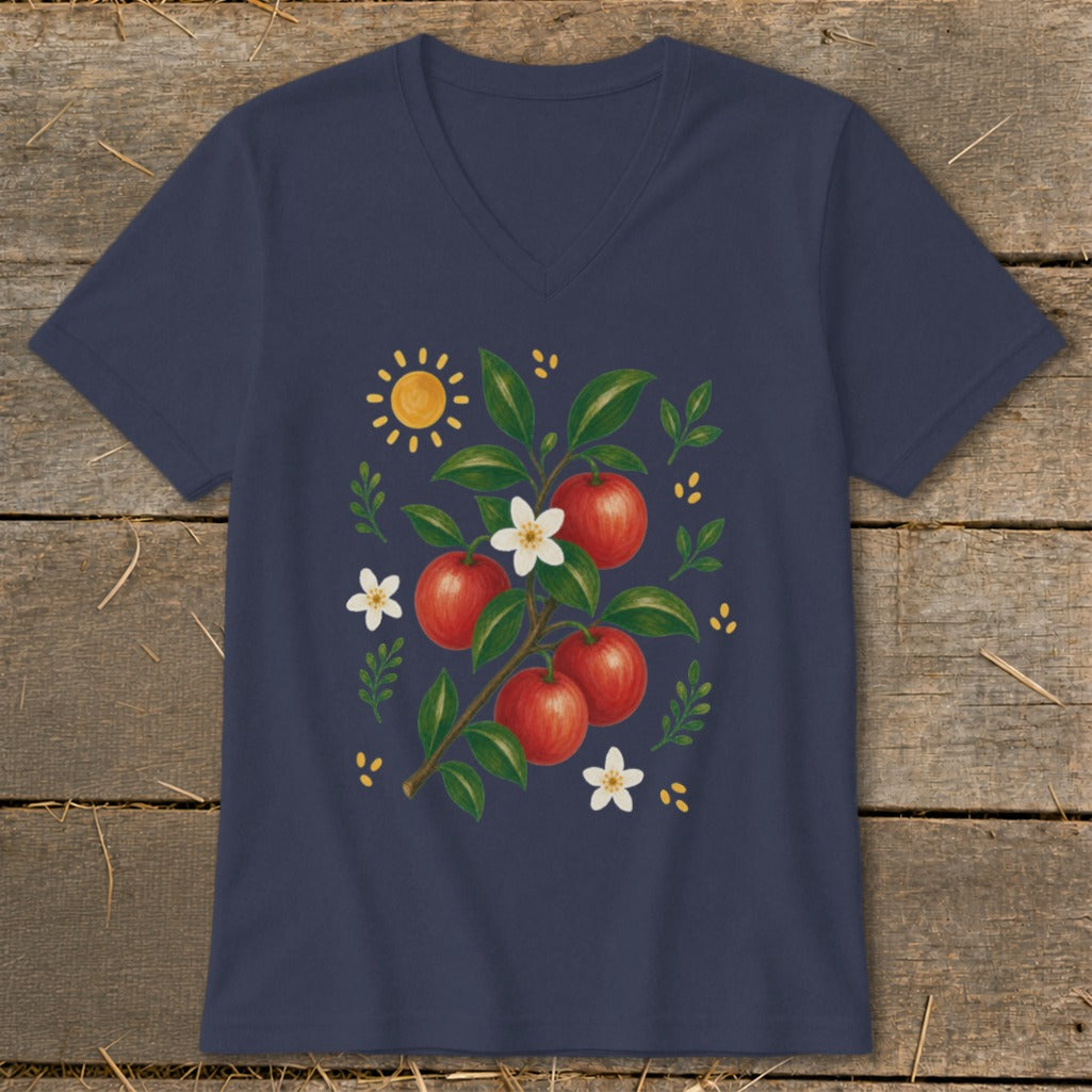 Navy v-neck t-shirt with a watercolor illustration of red apples on a branch with flowers, leaves, and a sun.