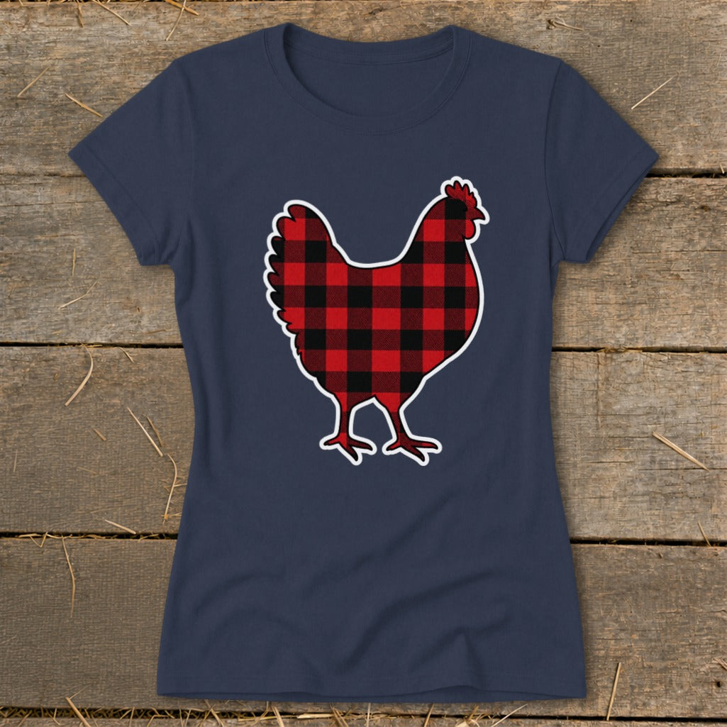 Navy t-shirt with a black and red buffalo plaid chicken graphic.