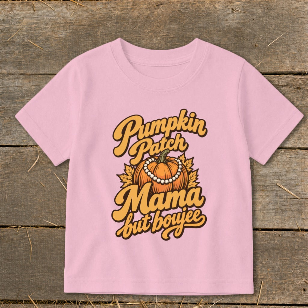 Pink t-shirt with "Pumpkin Patch Mama but boujee" text and pumpkin graphic.