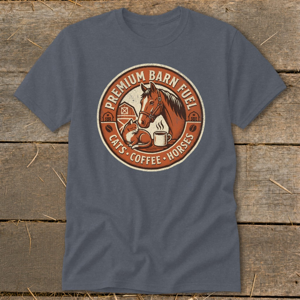T-shirt graphic with horse, cat, coffee, and text "Premium Barn Fuel Cats Coffee Horses."