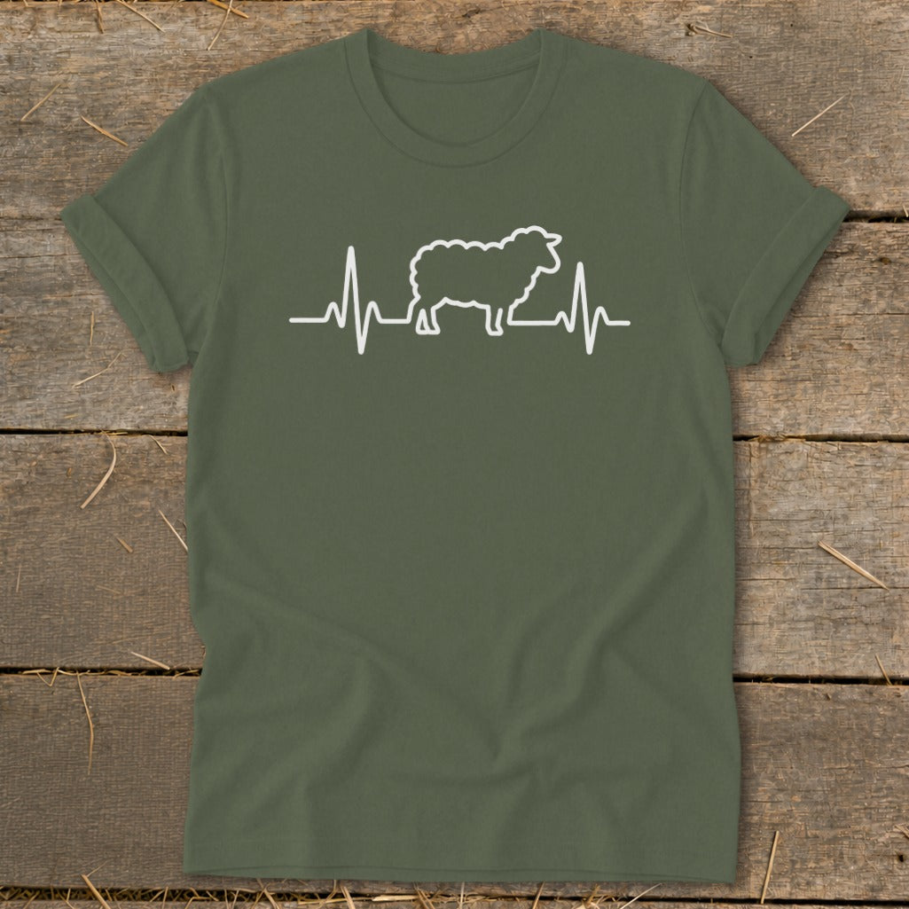An olive green t-shirt featuring a white graphic of a sheep integrated into a heartbeat line.