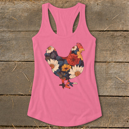Pink racerback tank top with a floral chicken design.