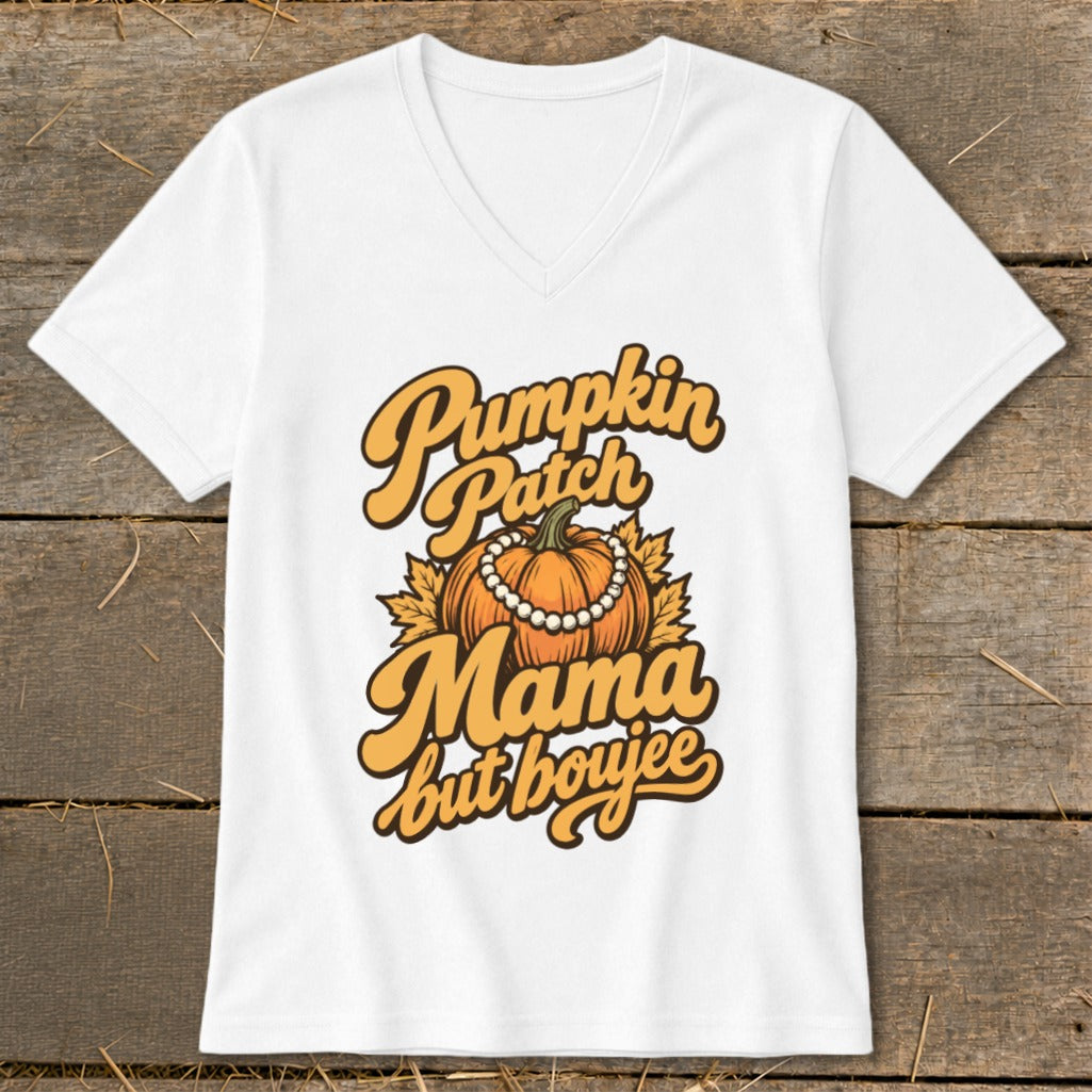 White t-shirt with "Pumpkin Patch Mama but boujee" text and pumpkin graphic.