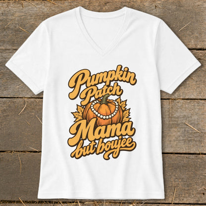 White t-shirt with "Pumpkin Patch Mama but boujee" text and pumpkin graphic.