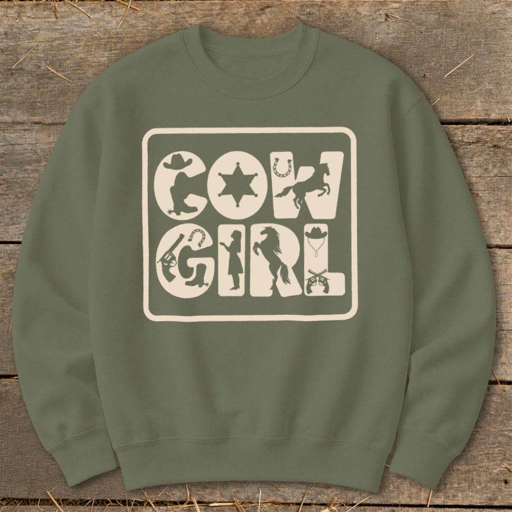 Olive green sweatshirt with "COW GIRL" text and Western-themed icons.