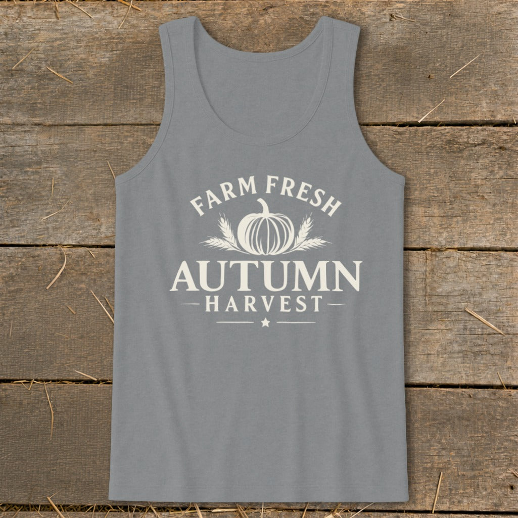 Gray tank top with "Farm Fresh Autumn Harvest" text and pumpkin graphic.