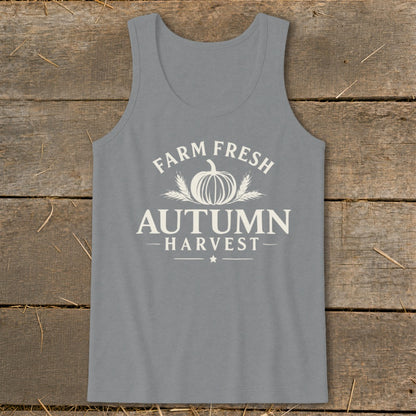 Gray tank top with "Farm Fresh Autumn Harvest" text and pumpkin graphic.