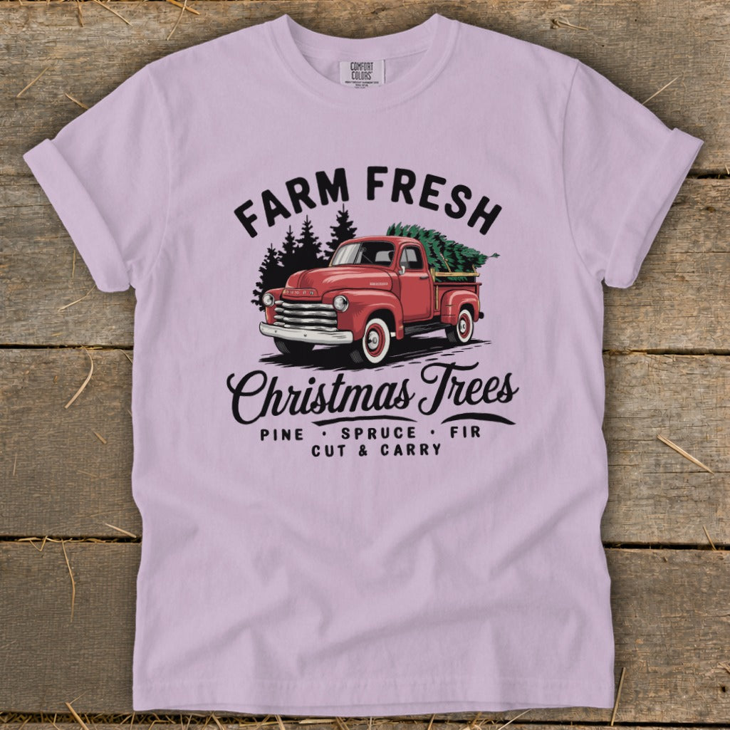 Farm Fresh Christmas Trees design with red pickup truck and pine, spruce, fir text.
