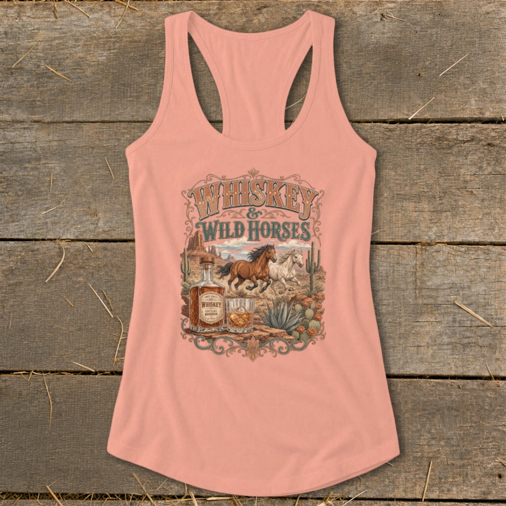 Peach tank top with "Whiskey & Wild Horses" graphic featuring horses, whiskey bottle, and desert landscape.