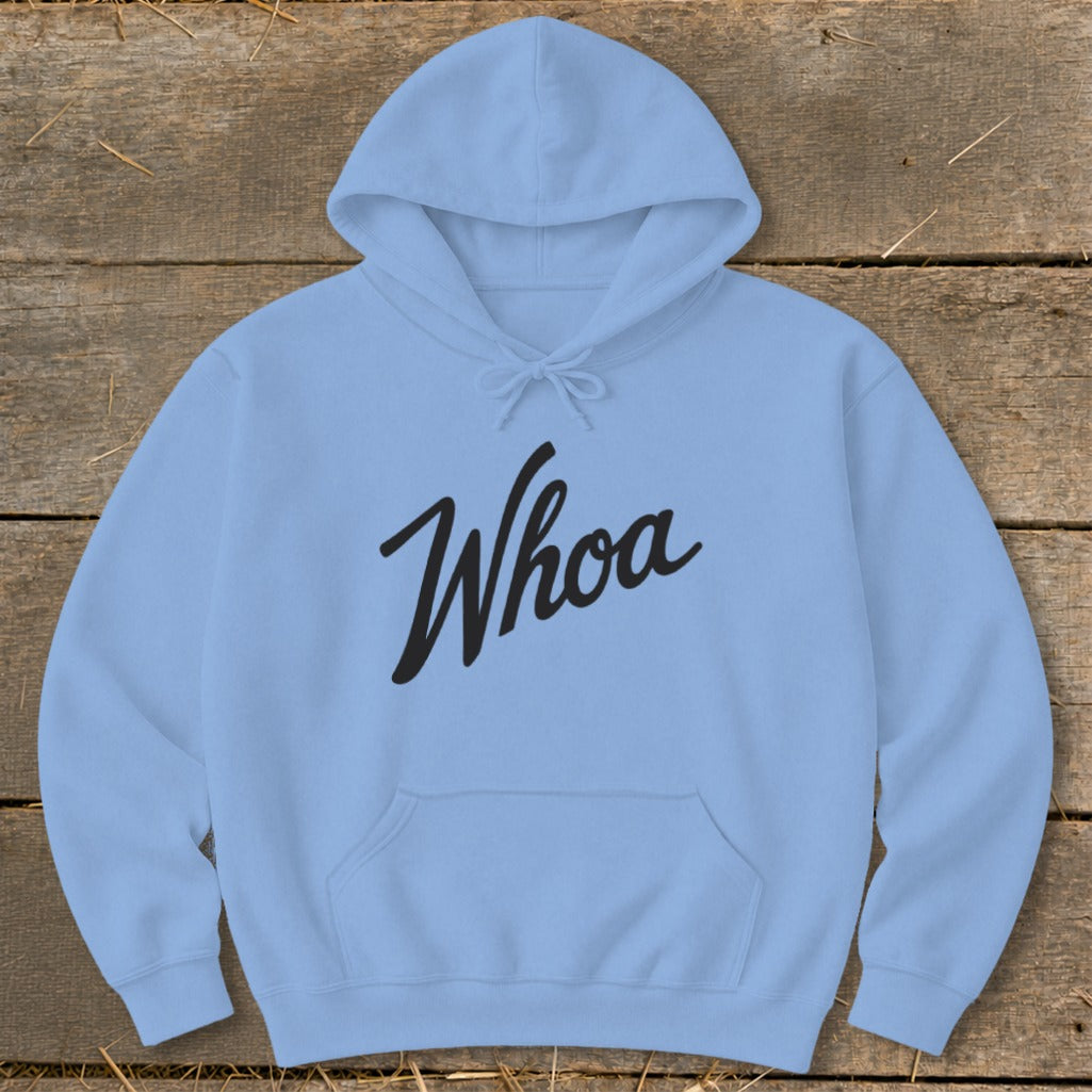 Light blue hooded sweatshirt with the word "Whoa" in black script.