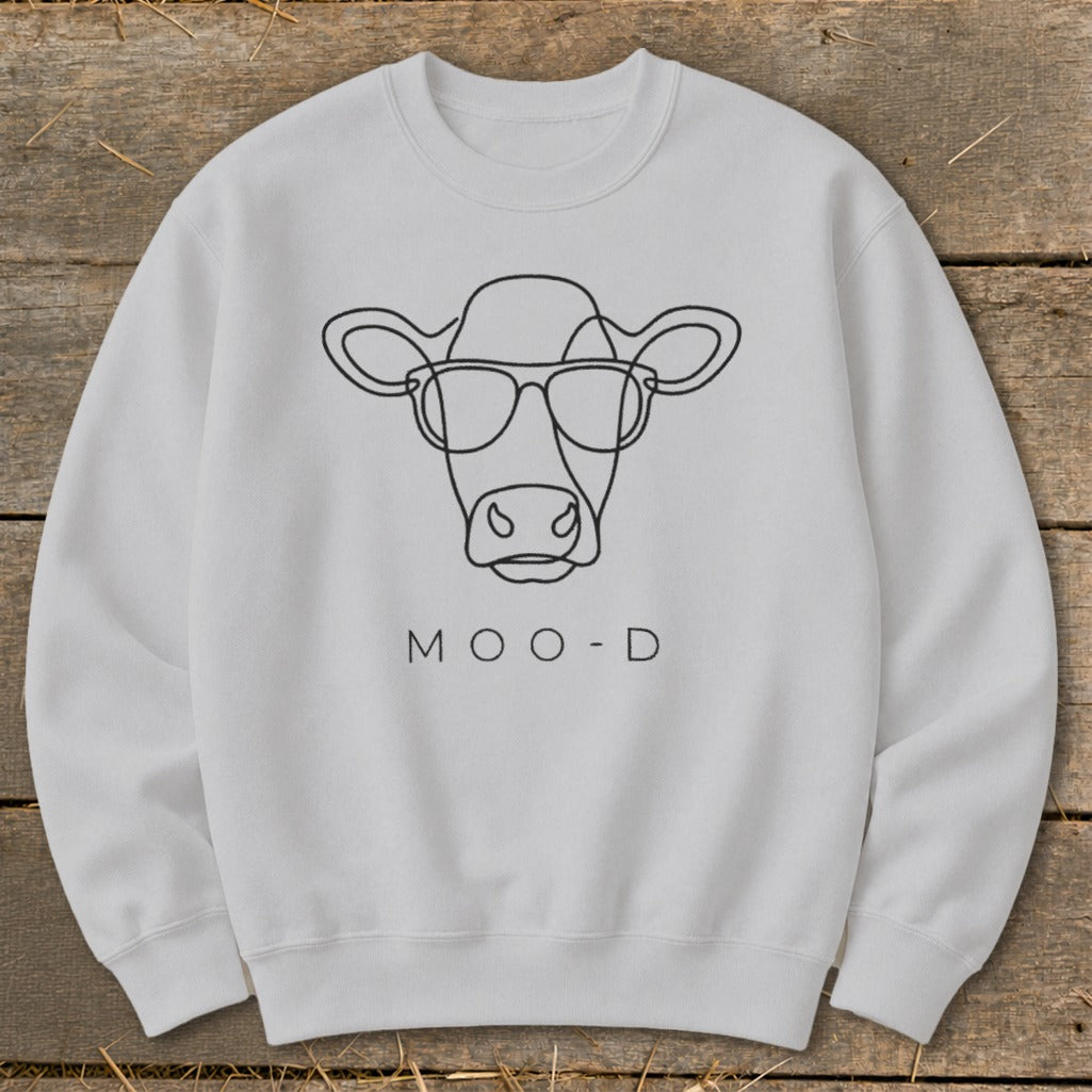 Light grey sweatshirt with a line drawing of a cow wearing sunglasses and the text "MOO-D".
