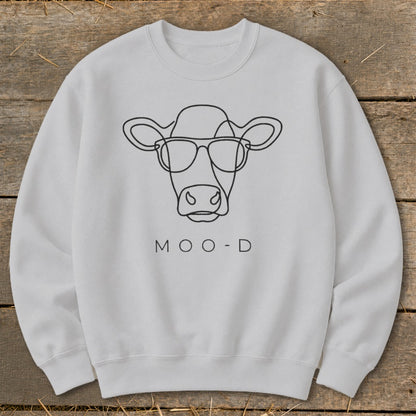Light grey sweatshirt with a line drawing of a cow wearing sunglasses and the text "MOO-D".