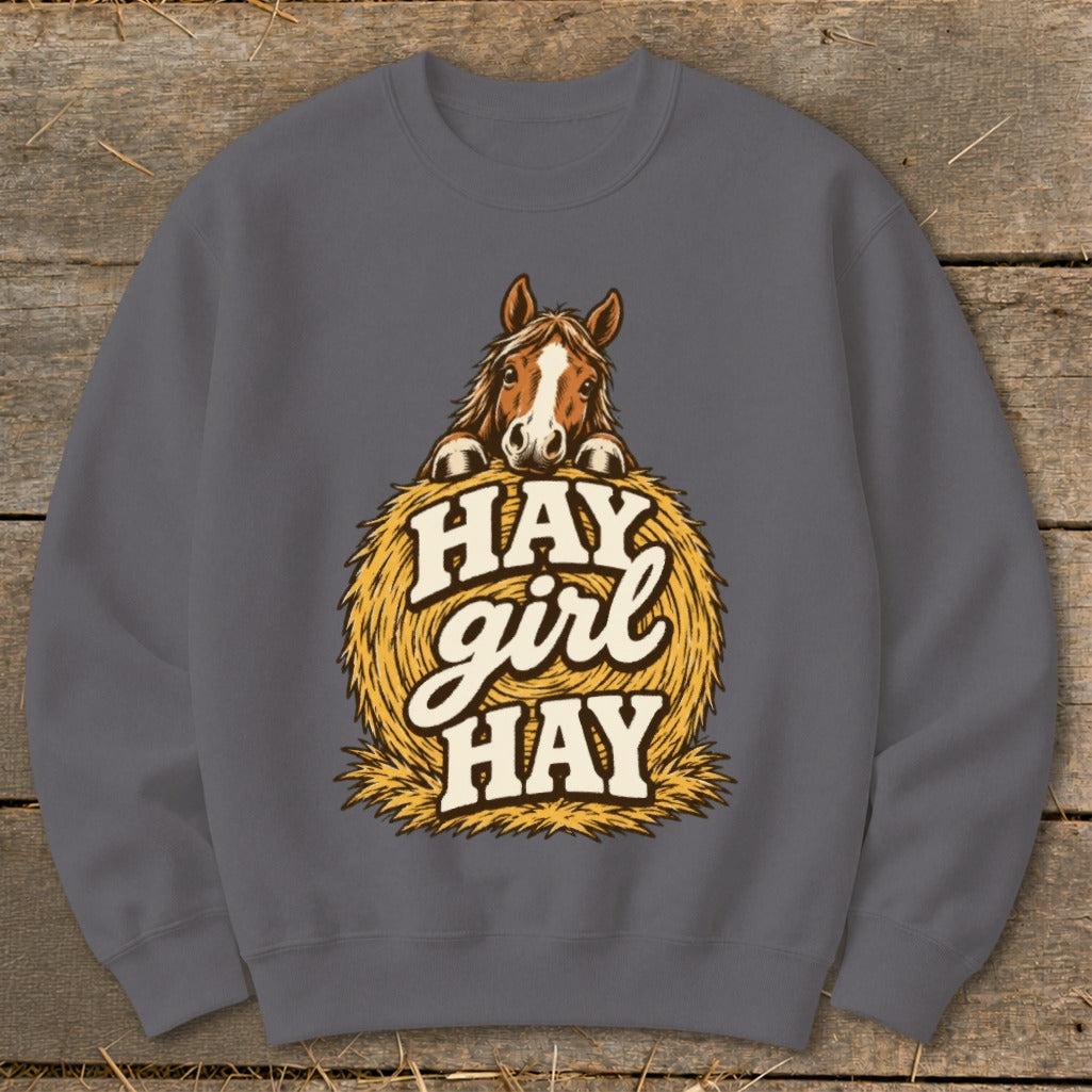 Horse peeking over a hay bale with "HAY girl HAY" text.