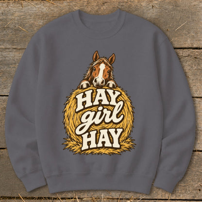 Horse peeking over a hay bale with "HAY girl HAY" text.