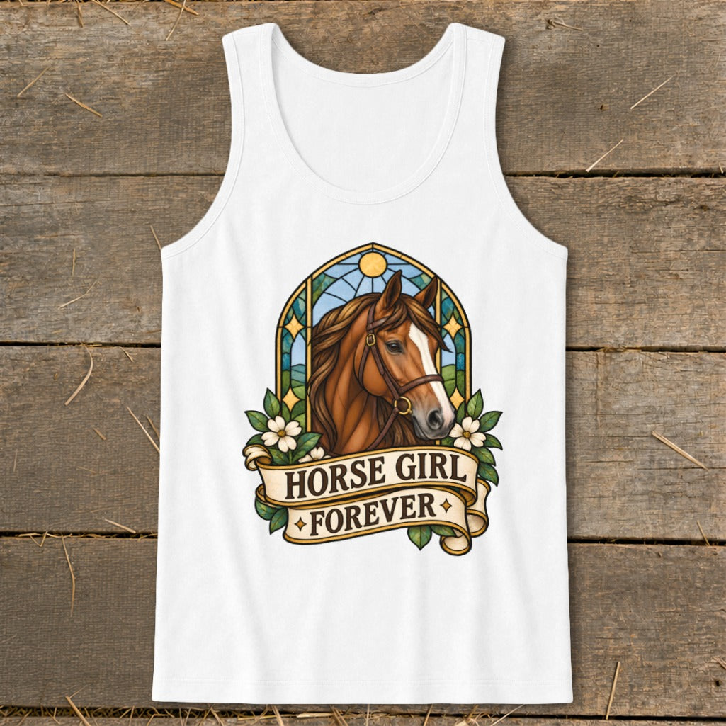White tank top with a horse head design and "HORSE GIRL FOREVER" text.