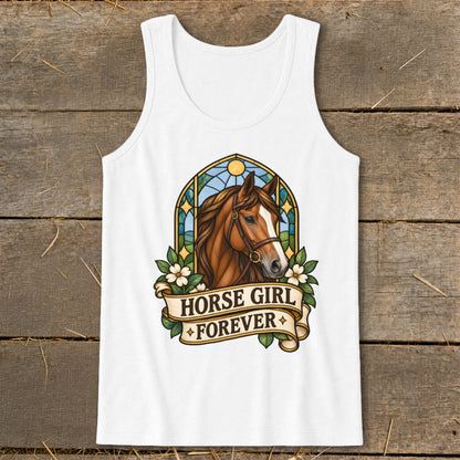 White tank top with a horse head design and "HORSE GIRL FOREVER" text.