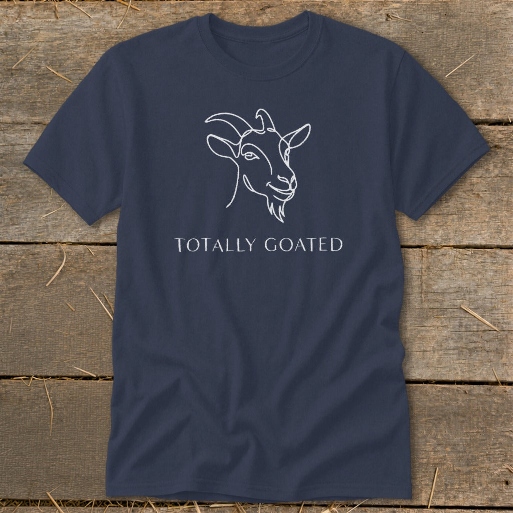 Navy t-shirt with a white line drawing of a goat and the text "TOTALLY GOATED".